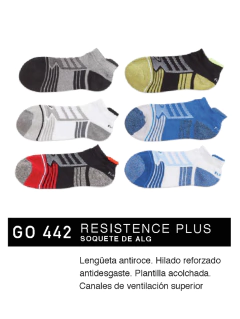 FLGO442-RESISTENCE PLUS: Soquete de alg, lengüeta antiroce. Hilado reforzado antidesgaste. Plantilla acolchada. Canales de ventilación superior