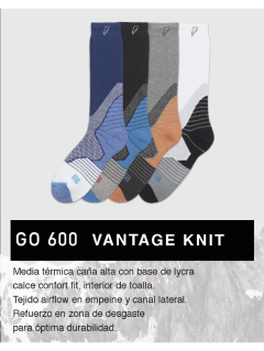 FLGO600-VANTAGE KNIT: Media térmica caña alta con base de lycra calce comfort fit. Interior de toalla. Tejido airflow en empeine y canal lateral. Refuerzo en zona de desgaste p-optima durabilidad