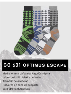 FLGO601-OPTIMUS ESCAPE: Media térmica caña alta. Algodón y lycra calce comfort fit. Interior de toalla. Tramado de aireación. Refuerzo en zona de desgaste p/optima durabilidad