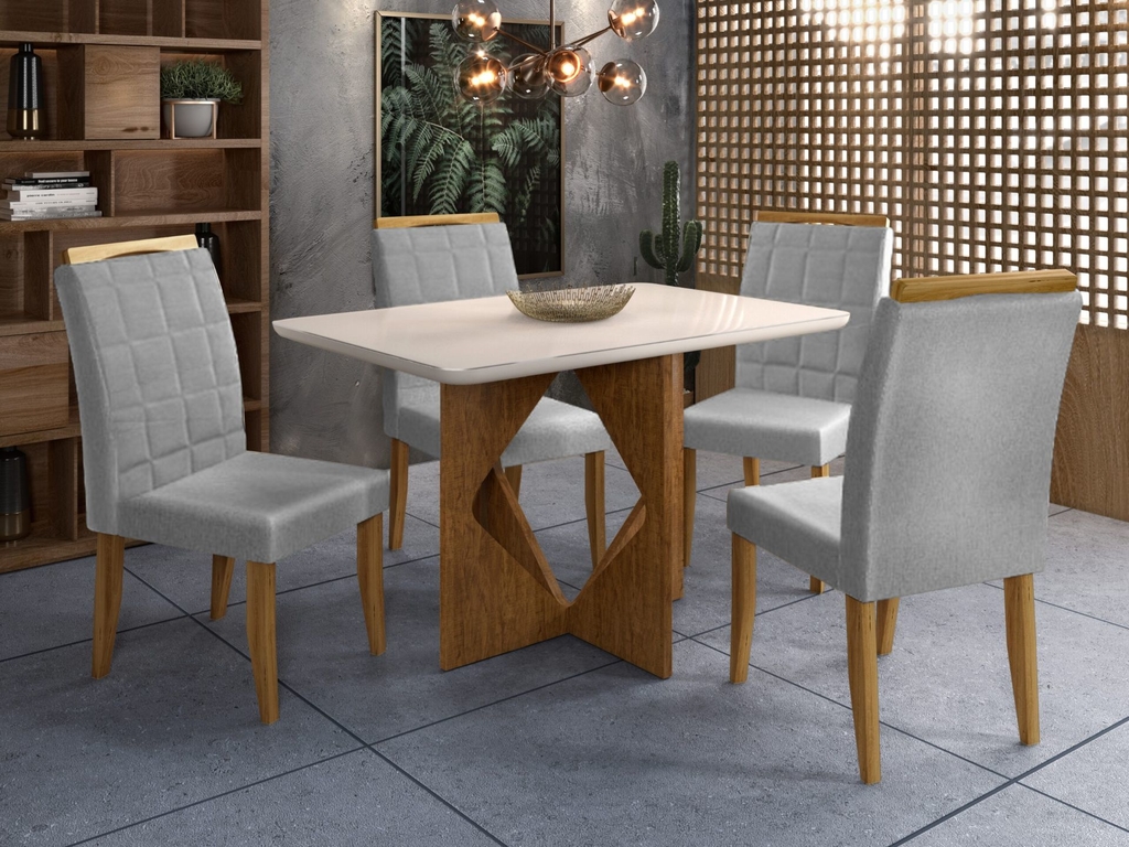 Conjunto de Mesa de Jantar Berlim II com Tampo de Vidro Off White e 4  Cadeiras Grécia Veludo Creme