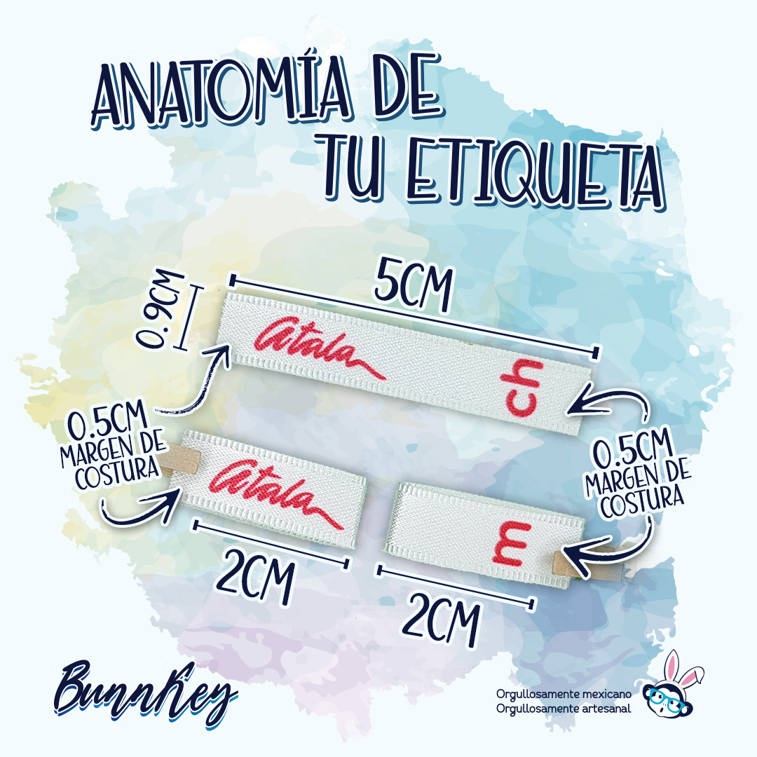 Etiqueta extendida 0.9x5cm. Largo de 5 cm repartido en: 0.5cm margen de costura  +  2cm frente  +  2cm vuelta  +  0.5cm margen de costura