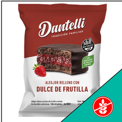 ALFAJOR DANTELLI RELLENO CON DULCE DE LECHE Y CORAZON DE FRUTILLA 50 grs.