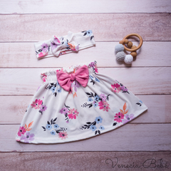 Trio blusa lisa fucsia con pollera y vincha flores composé - comprar online