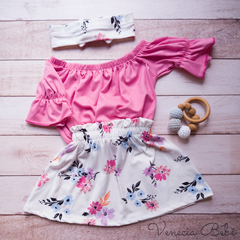 Trio blusa lisa fucsia con pollera y vincha flores composé - Venecia Bebé