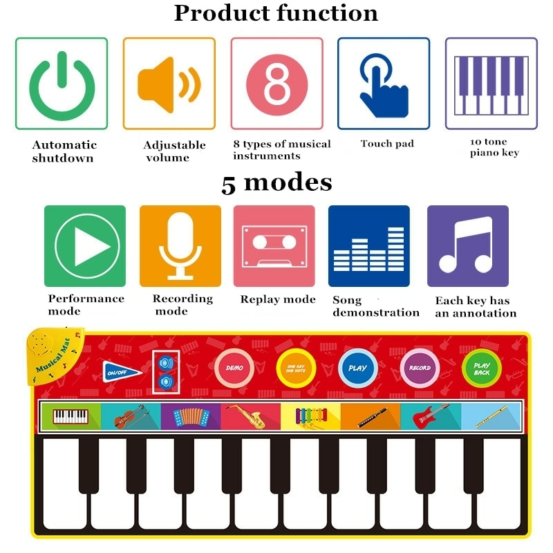 24 teclas de música piano teclado jogar esteira com 4 modos de