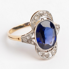 Anillo Oro 18kt y Platino 950. Zafiro Azul y Brillantes Deco - comprar online