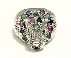 Silver panther ring emeralds rubies