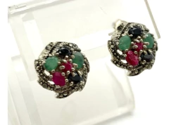 BEAUTIFUL ROSETTE EMERALD SAPPHIRES AND RUBIES 925 SILVER EARRINGS