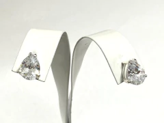 Finos Aros Solitarios Gota De Plata 925 Y Zafiros Blancos - Joyería Alvear