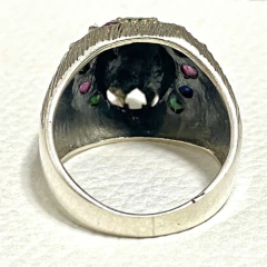 Large 925 silver panther ring with emeralds, sapphires, natural rubies - online store