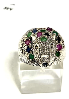 Image of Large 925 silver panther ring with emeralds, sapphires, natural rubies