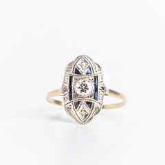 Gold platinum art-deco ring - blue and brilliant sapphires