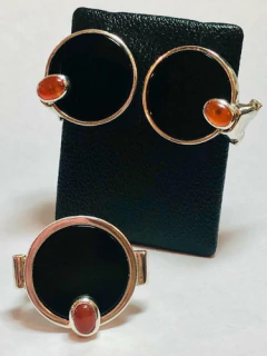 Impressive ring and earrings set of 925 silver and onyx and coral on internet