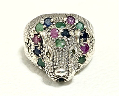Gran Anillo Pantera Plata 925 Esmeraldas Zafiros Rubíes - Joyería Alvear