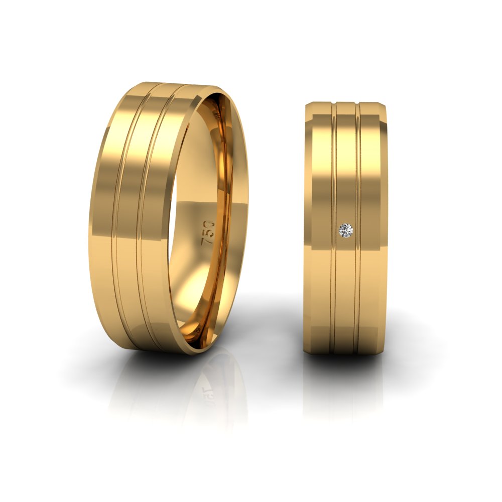 Alianças de Casamento Ouro Reta Dois Frisos e Um Diamante