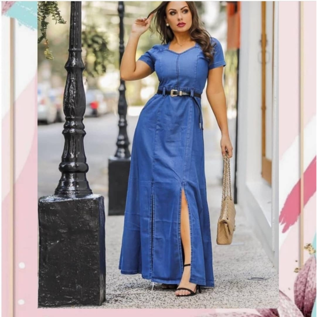 Vestido Jeans Longo Com Fendas Plus Size