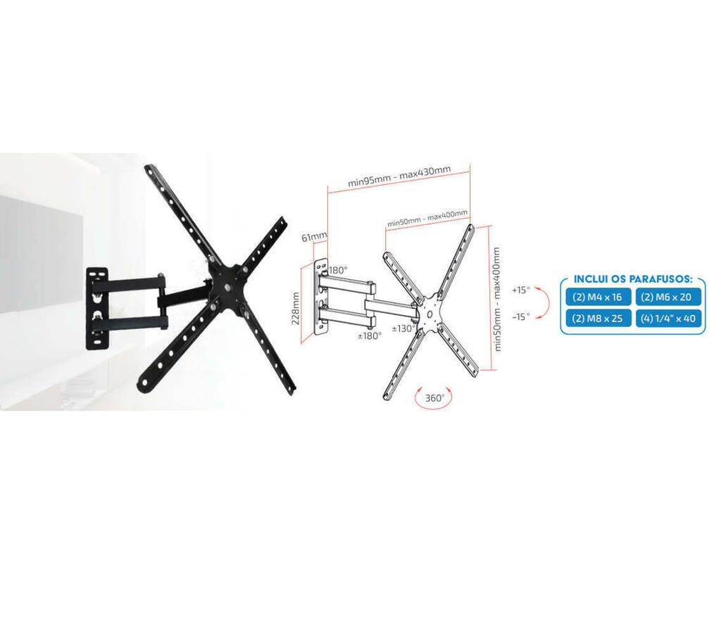SUPORTE TRI-ARTICULADO 10 A 60 POLEGADAS - PIX