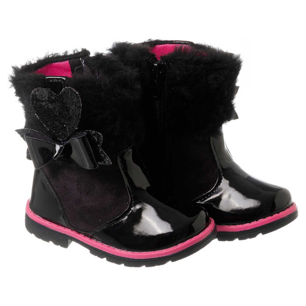 Bota Galocha Infantil Feminina Preto com Pink em Verniz de Pelinho