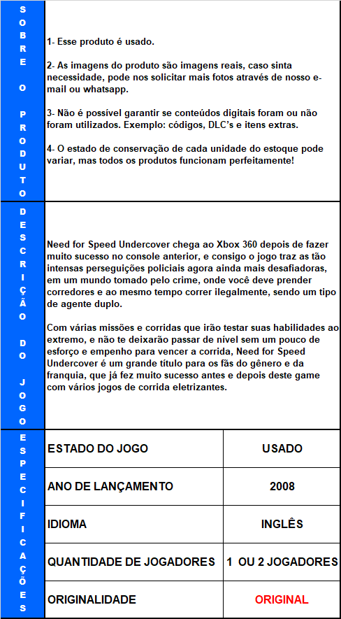 JOGO NEED FOR SPEED UNDERCOVER XBOX 360 USADO