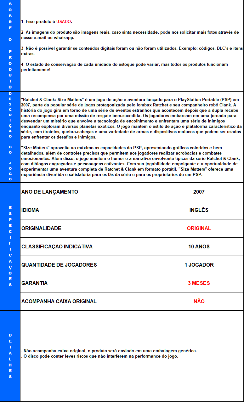 Jogo Ratchet Clank Size Matters Psp