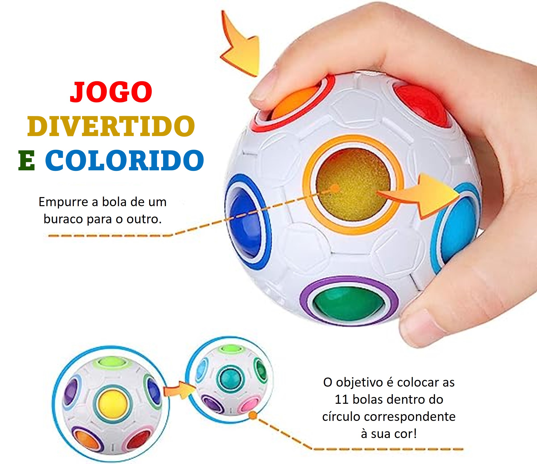 Brinquedo quebra-cabeça esférico de cor com bolas coloridas, isoladas no  fundo branco.