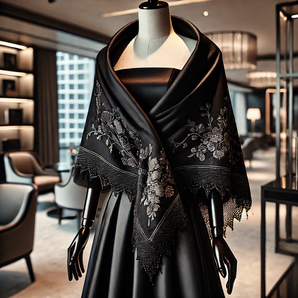 A luxurious short silk shawl, elegantly draped over a Western-style black evening gown. The shawl is black silk with subtle silver thread embroidery, enhancing the sleek and sophisticated look of the outfit. The setting is a modern, upscale interior with contemporary lighting, emphasizing the chic and elegant attire suitable for formal events. This image captures a timeless elegance with a modern twist, perfect for high-profile gatherings.