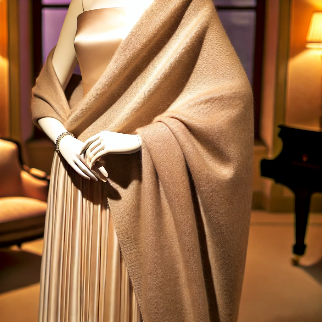 A luxurious cashmere shawl in beige, elegantly draped over a sophisticated evening gown. The shawl is crafted from fine cashmere, offering warmth and a soft texture, complementing the elegant attire. The setting is an upscale interior with warm lighting that highlights the plush quality of the cashmere and the graceful silhouette of the gown. This image portrays a refined and cozy elegance, ideal for formal yet chilly evening events.