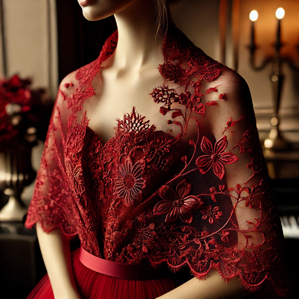 A luxurious lace shawl in deep red, elegantly draped over an evening gown. The shawl is crafted from fine red lace, featuring intricate floral patterns that add a touch of romantic elegance to the sophisticated attire. The setting is a classy interior with soft lighting that highlights the delicate texture of the lace and the vibrant red color, enhancing the overall elegance of the gown. This image portrays a blend of passion and style, perfect for formal events where a bold statement is desired.