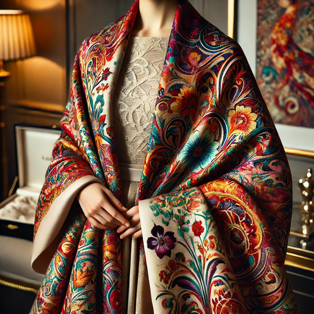 A luxurious cashmere shawl with vibrant color prints, elegantly draped over an evening gown. The shawl features a rich tapestry of colorful patterns, adding a lively and artistic touch to the sophisticated attire. The setting is a classy interior with subtle lighting that enhances the vivid colors of the shawl and the elegance of the gown. This image showcases a blend of warmth and style, ideal for formal events where a statement piece is essential.