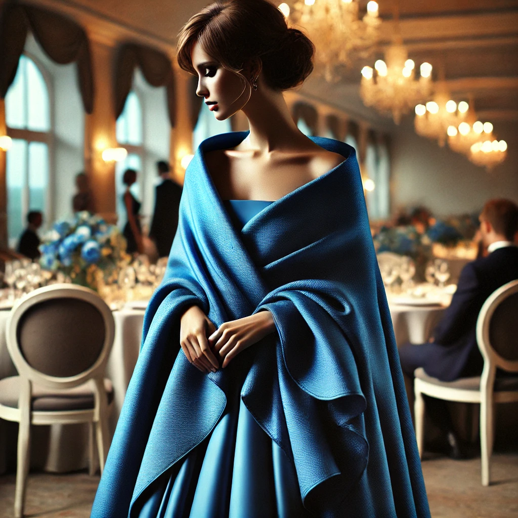 A luxurious oversized shawl in blue, elegantly draped over an evening gown. The shawl is crafted from a soft, flowing fabric that offers both comfort and style. The vibrant blue color adds a bold touch to the sophisticated attire, while the oversized design allows for a variety of draping styles, providing versatility and a modern look. The setting is an elegant banquet hall with tasteful decor, highlighting the chic and contemporary feel of the shawl, ideal for fashion-forward formal events.