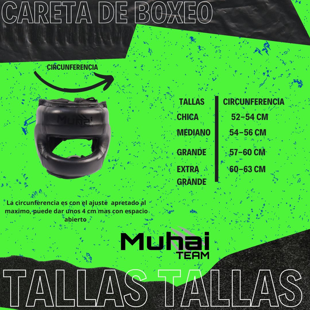 Guia o tabla de tallas para caretas de barra o pomulo, ya sea boxeo o mma