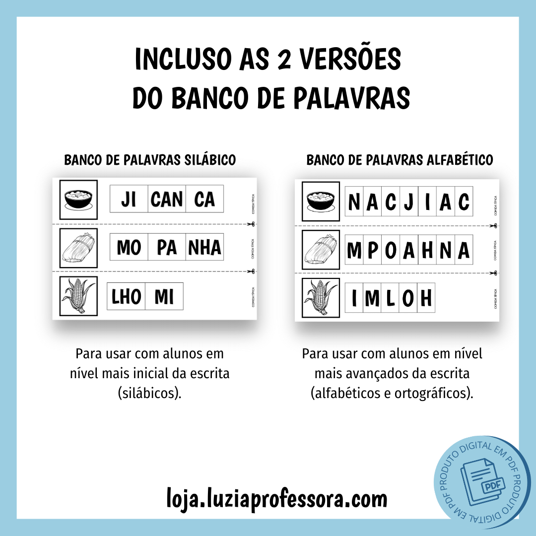 Incluso as 2 versões do banco de palavras: Silábico e Alfabético