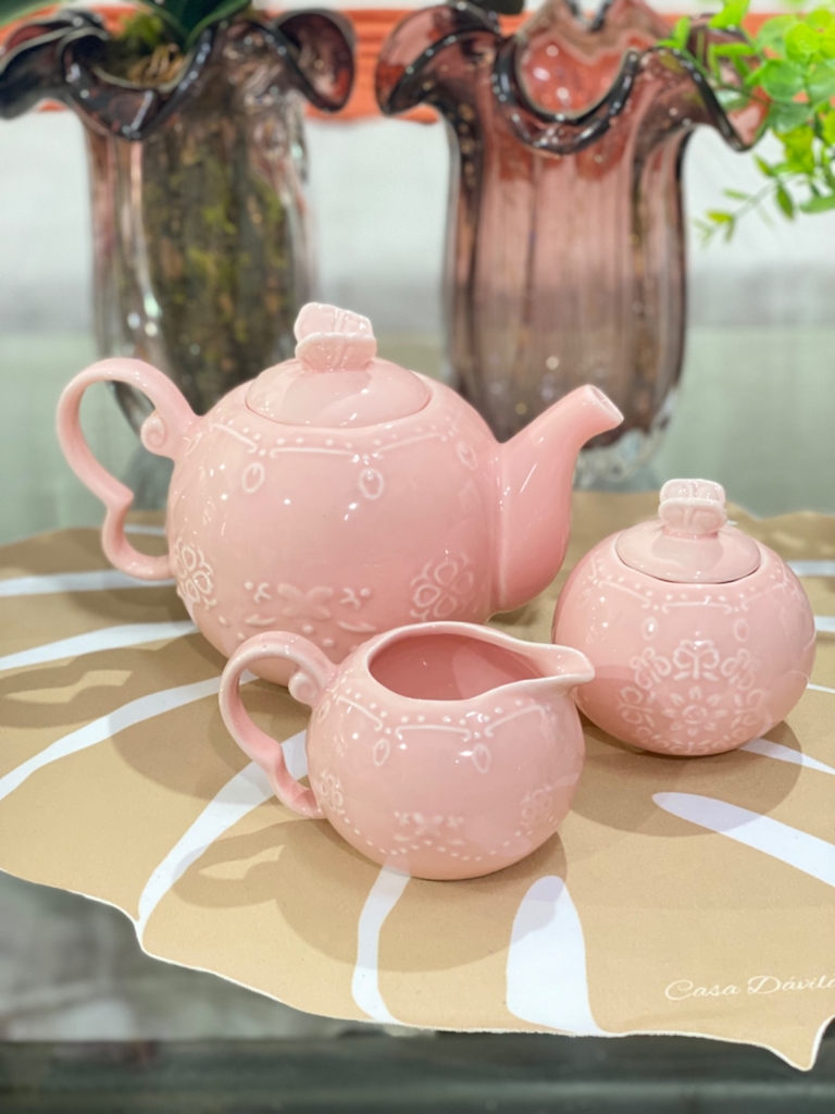 Conjunto 3 Peças para Chá Porcelana Rosa Wolff