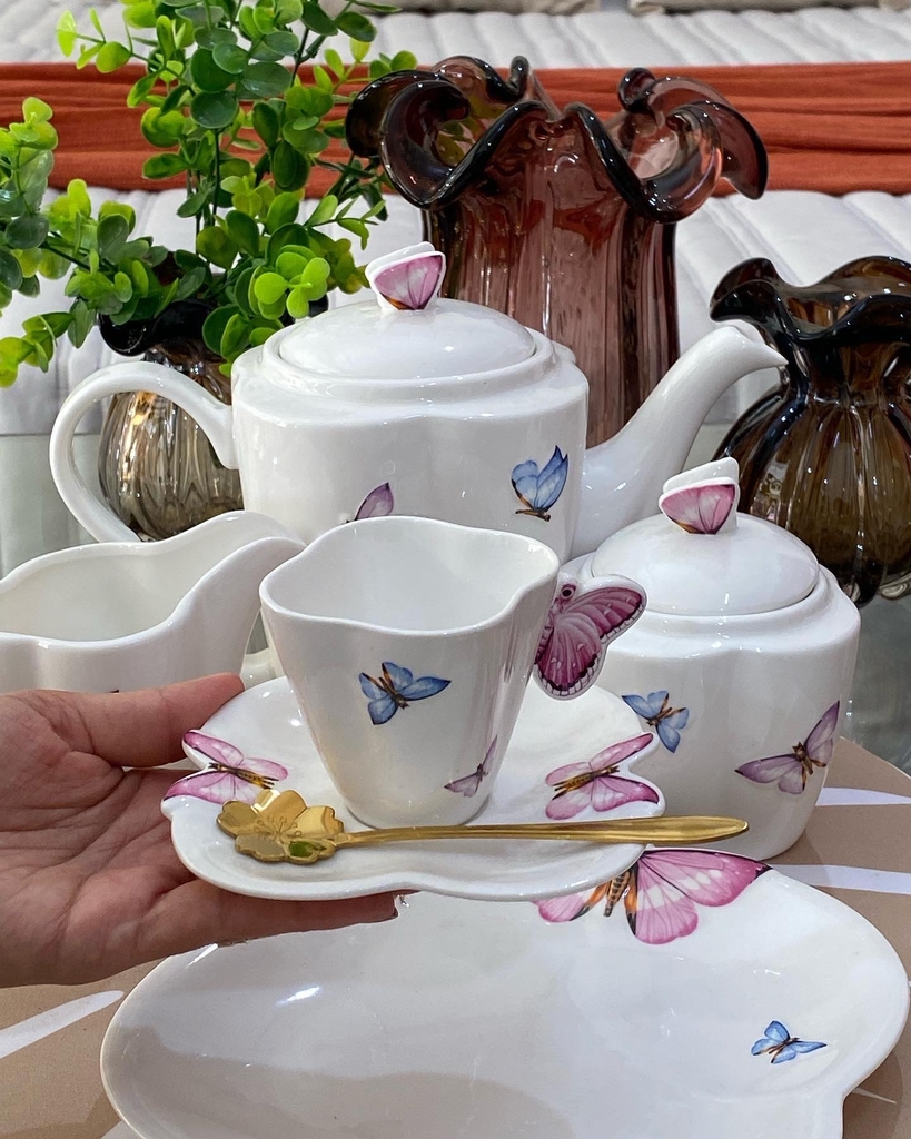 Jogo Chá E Café Porcelana Branco Butterfly 3 Pçs Envio Já