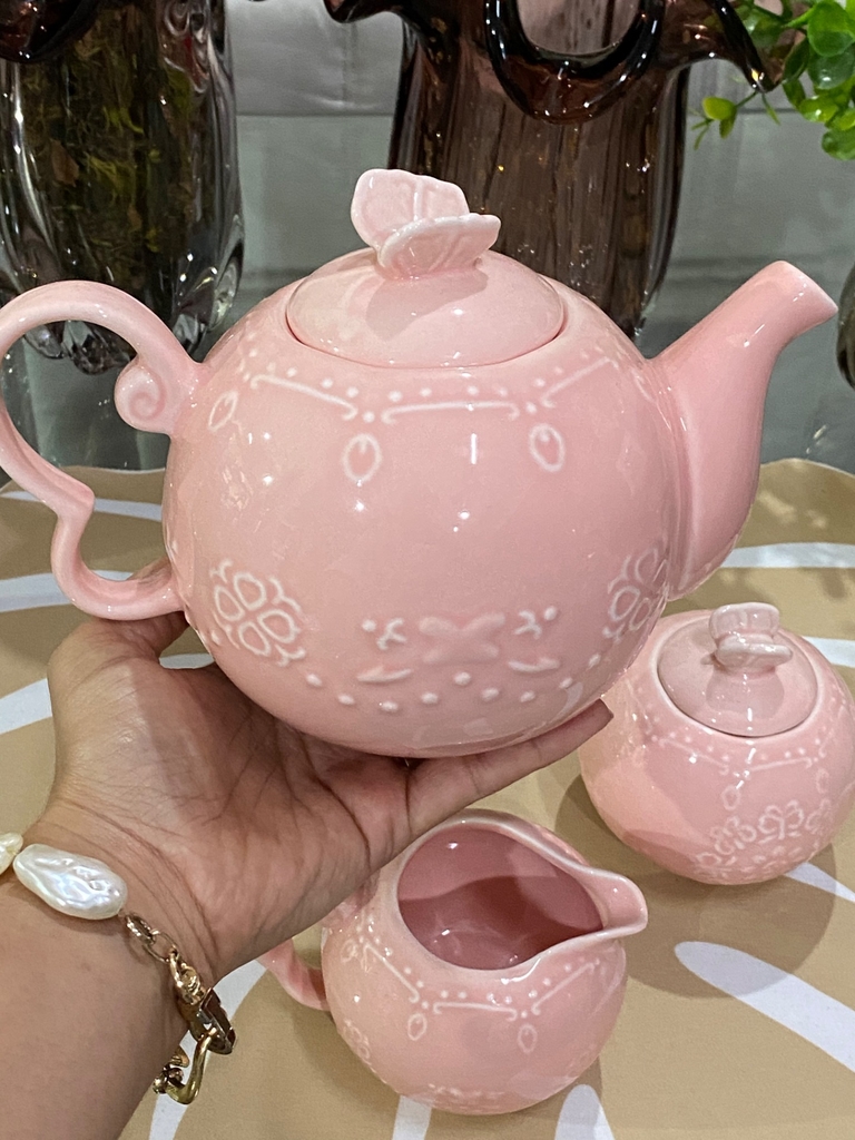 Conjunto 3 Peças para Chá Porcelana Rosa Wolff