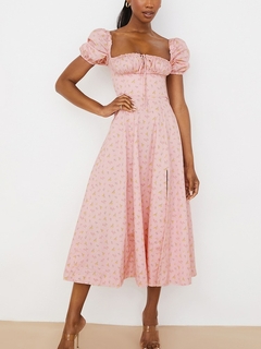 Jacqueline 2022 manga bufante vestido floral midi feminino retrô elegante sexy vestido de verão rachado casual vestidos com cordão verão - loja online