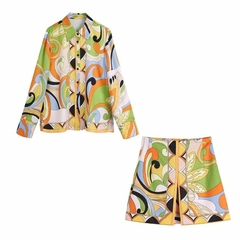 Conjunto de manga comprida com estampa verde feminina saia curta de duas peças e mini saias de cintura alta 2022 roupas femininas de praia de verão - loja online