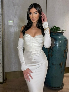 NewAsia Satin Mesh Sleeves Vestido Branco Manga Longa Oca Querida Ruched Tie up Halter Midi Robe Vestido Sexy Chique Elegante - loja online