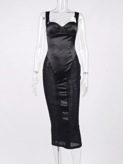 Imagem do NewAsia vestido de malha de cetim preto vazado ver embora forro de retalhos elástico alça ajustável vestidos midi vestido de festa sexy roupão de festa