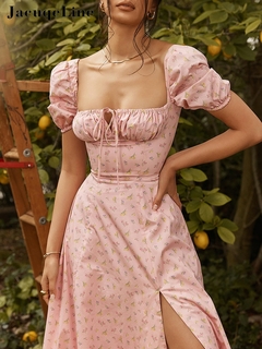Jacqueline 2022 manga bufante vestido floral midi feminino retrô elegante sexy vestido de verão rachado casual vestidos com cordão verão - comprar online
