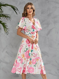 Vestido longo floral com decote V - loja online