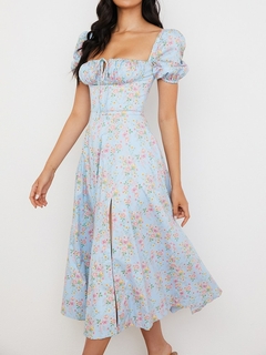 Jacqueline 2022 manga bufante vestido floral midi feminino retrô elegante sexy vestido de verão rachado casual vestidos com cordão verão na internet