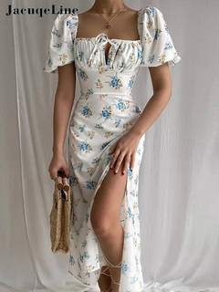 Jacqueline 2022 manga bufante vestido floral midi feminino retrô elegante sexy vestido de verão rachado casual vestidos com cordão verão