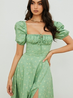 Jacqueline 2022 manga bufante vestido floral midi feminino retrô elegante sexy vestido de verão rachado casual vestidos com cordão verão na internet