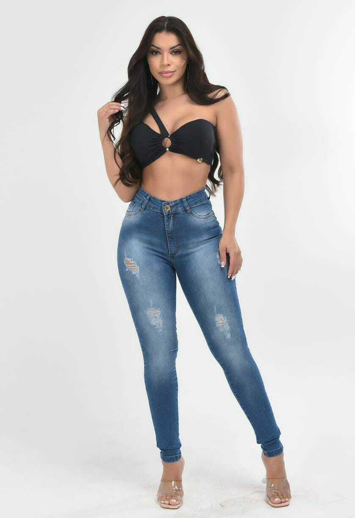 Calça Jeans skinny, rasgada, com lycra, modelagem empina bumbum