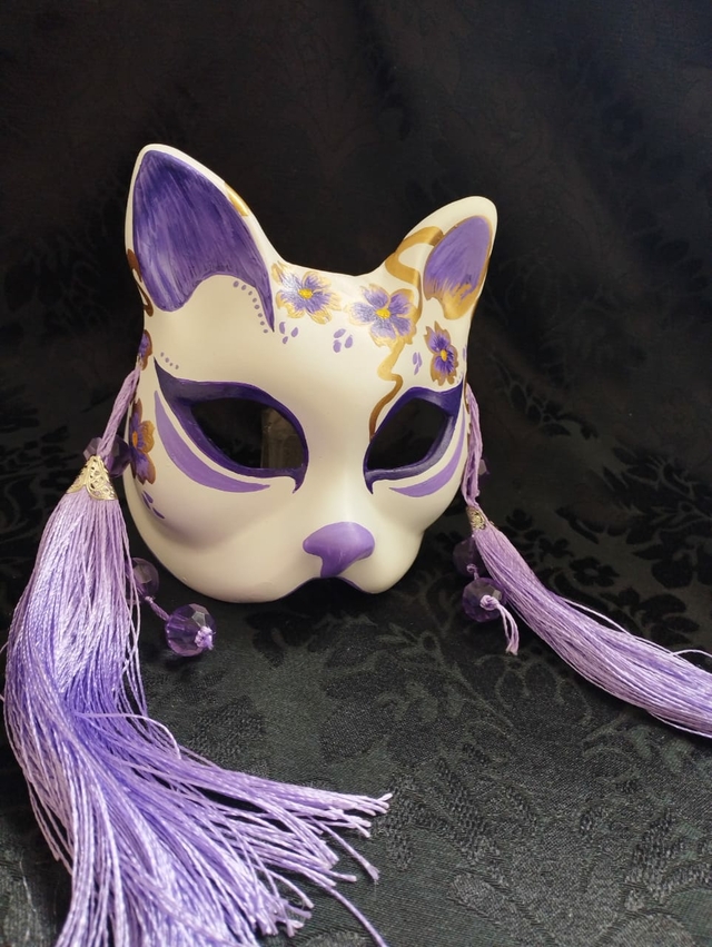 Máscara Bakeneko Gato Japonês Lilás 14x14 Ikinnayo