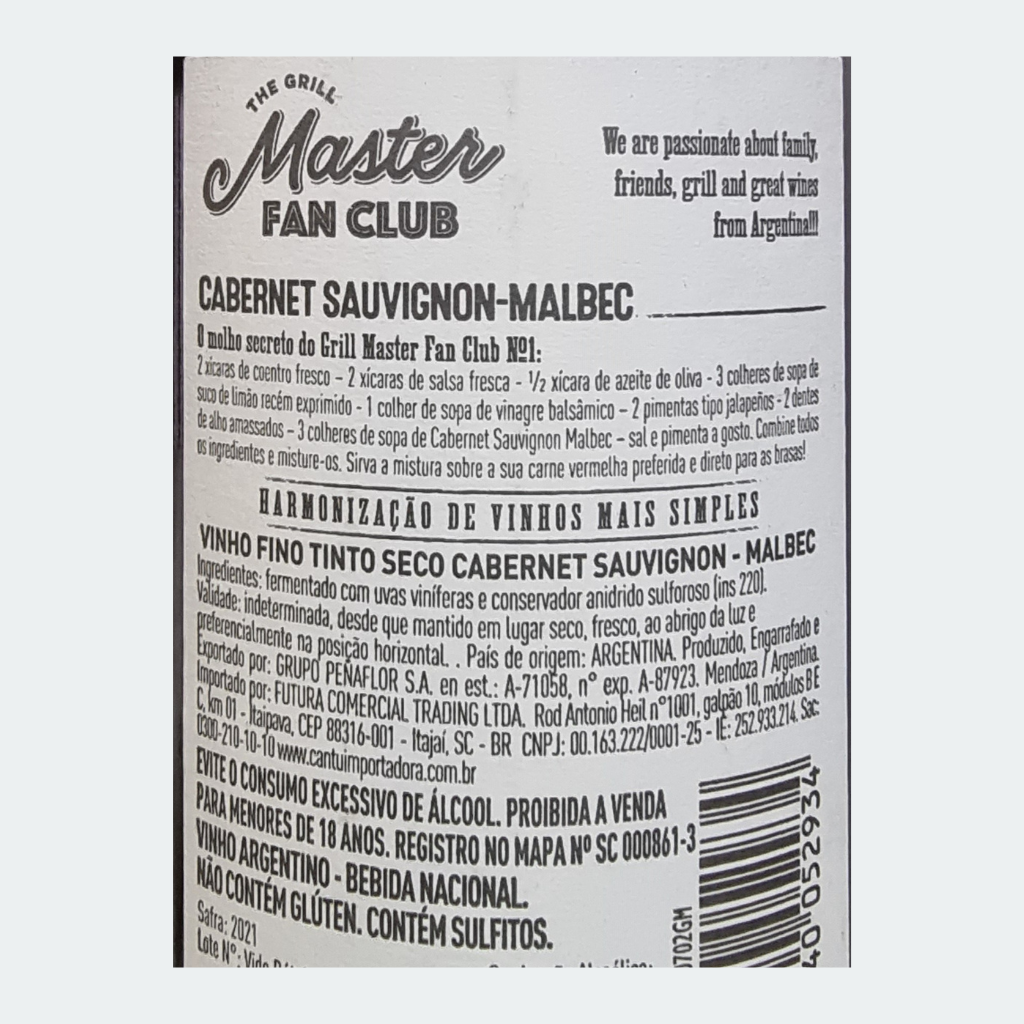 The Grill Master Fan Club SauvignonMalbec Vinho Fino Tint