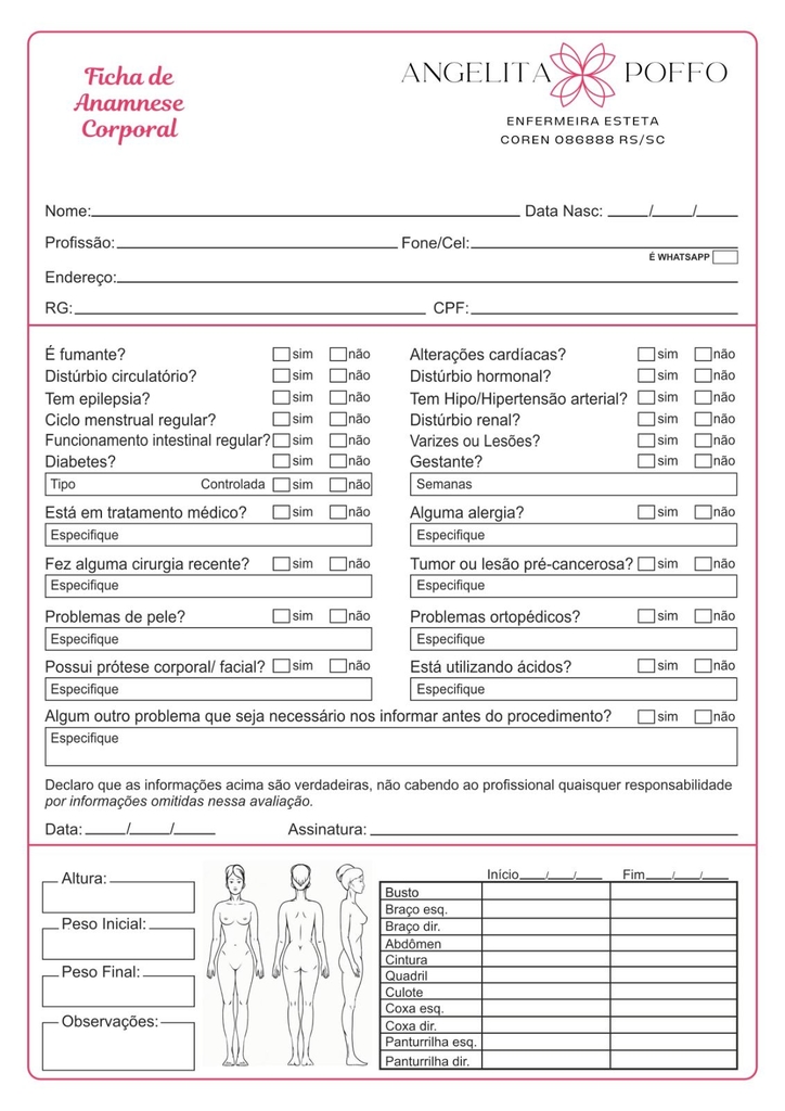 Ficha de Anamnese Estética Corporal c/ 100 Folhas