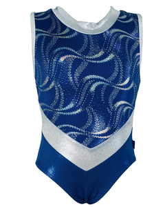 Leotardo Gimnasia niña, Modelo 17240-15 - Glitter Rey con diseño cintas girando pico en V y cuello en plata - buy online