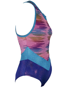 Leotardo Gimnasia niña, Modelo 17240-21 - Rosa Multi color cortes pico y cuello turquesa y morado glitter - comprar en línea